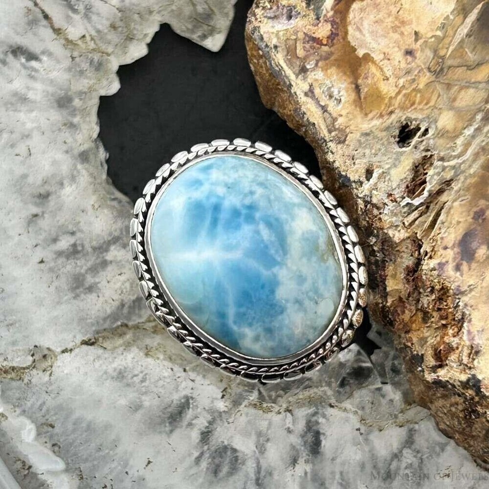 Sterling Silver Southwestern Style Oval Larimar Decorated Bar Ring S 7 For Women
